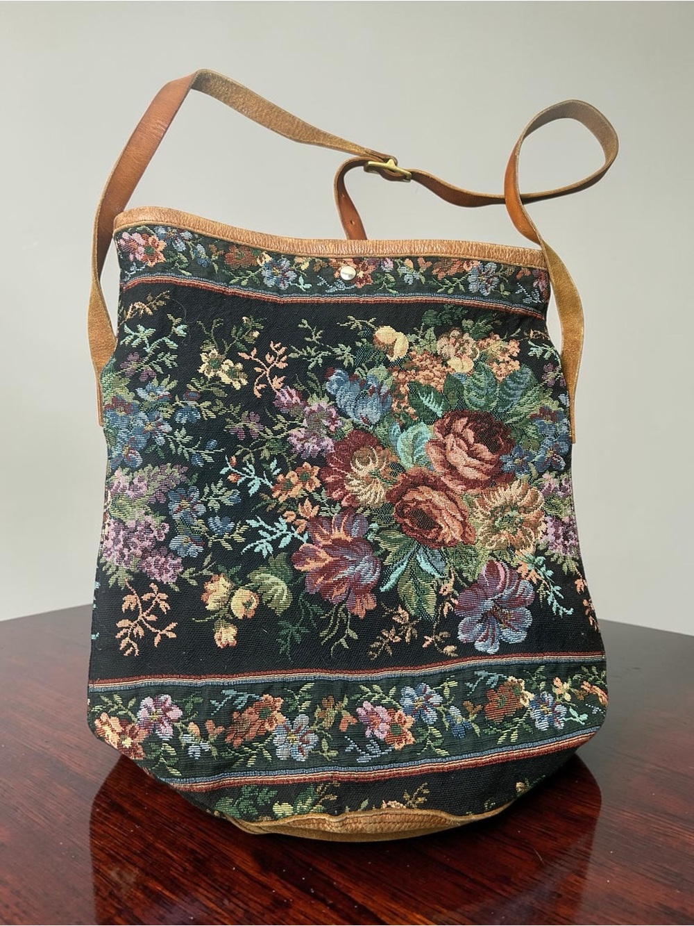 Vintage Floral Tapestry Shoulder Bag Leather Trim